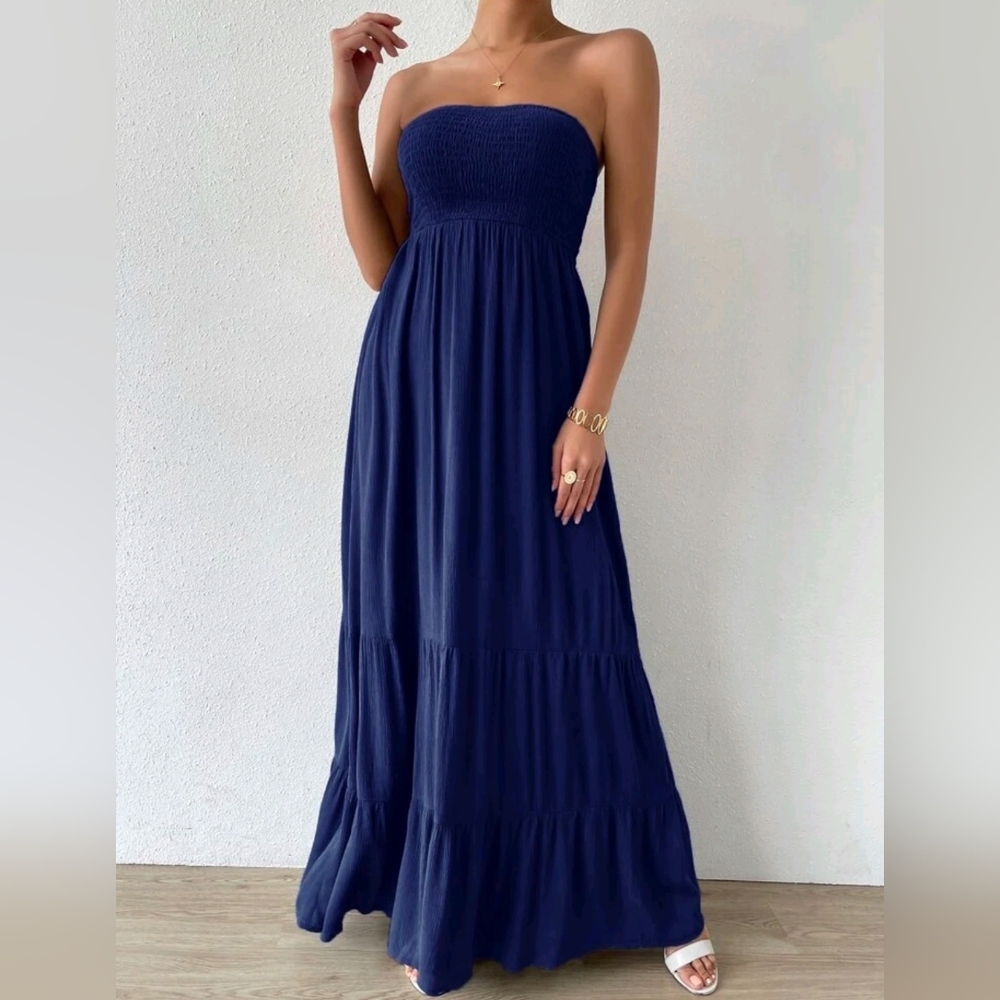 New Chic Smocked Tube Top Tiered Maxi Dress Ruffle Long Dark Blue - Picture 5 of 8